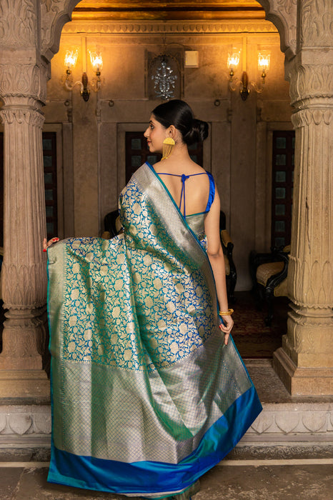 Soft Midnight Pure Katan Banarasi Handloom Saree - Sona Jaal Work