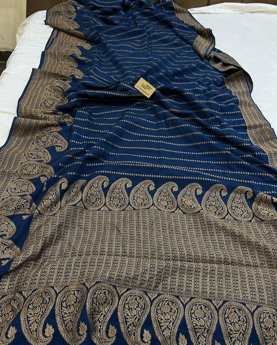 Teal Blue Pure Khaddi Crepe Banarasi Handloom Saree