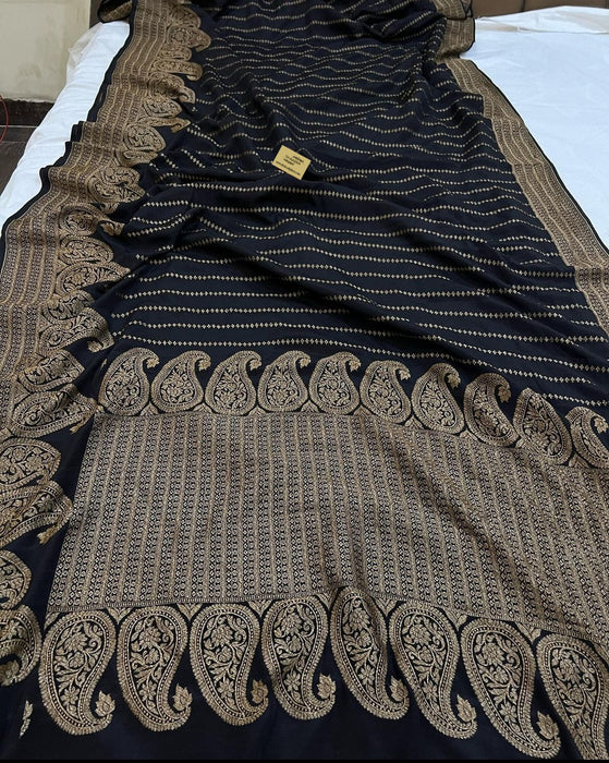 Black Pure Khaddi Crepe Banarasi Handloom Saree