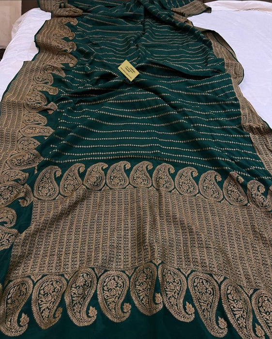 Bottle Green Pure Khaddi Crepe Banarasi Handloom Saree