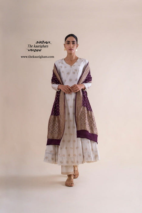Wine Pure Georgette Banarasi Handloom Dupatta - Silver Zari
