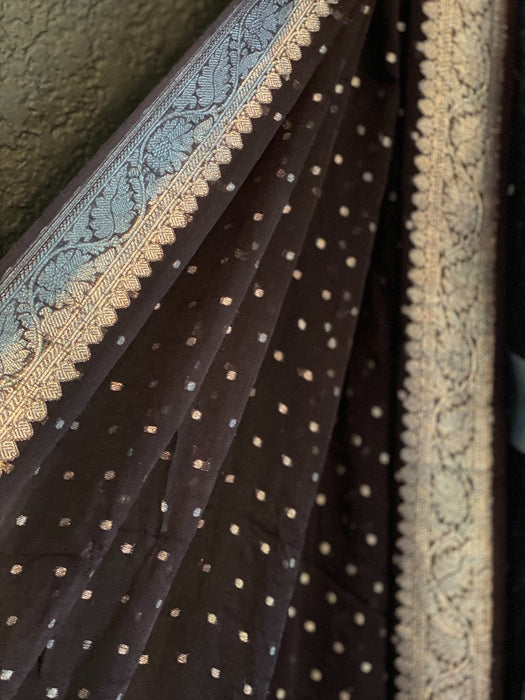 Black Pure Georgette Banarasi Handloom Dupatta - Silver Zari