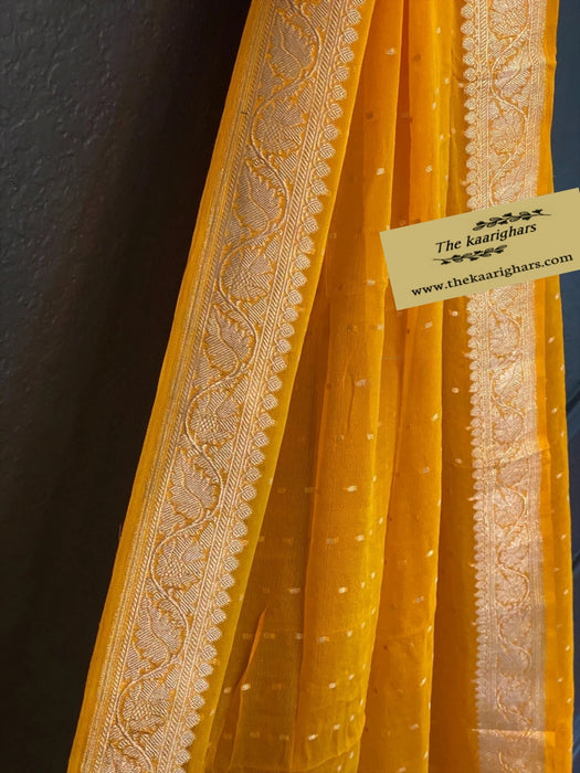 Yellow Pure Georgette Banarasi Handloom Dupatta - Silver Zari