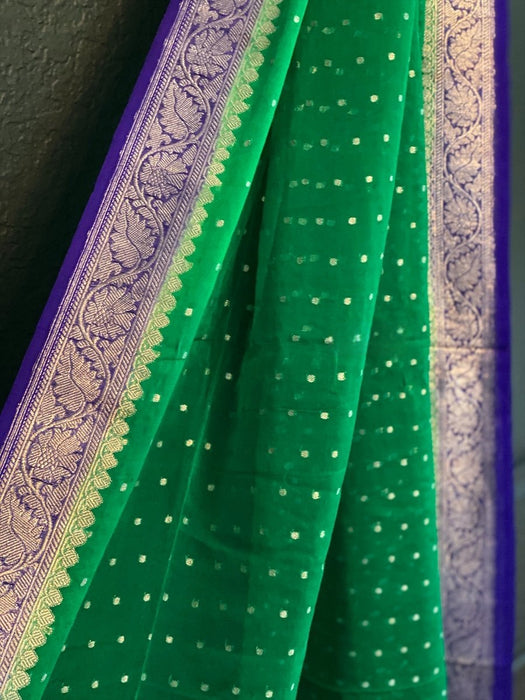 Green Pure Georgette Banarasi Handloom Dupatta - Silver Zari