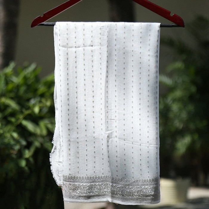 White Pure Georgette Banarasi Handloom Dupatta - Silver Zari