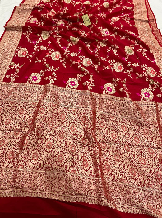 German Red Tussar Georgette Banarasi Saree