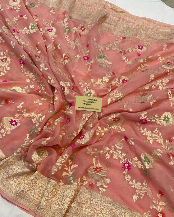 Peach Pure Khaddi Georgette Banarasi Saree - Meenakari Work
