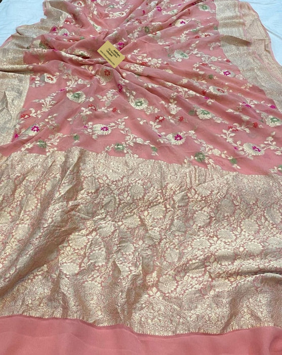 Peach Pure Khaddi Georgette Banarasi Saree - Meenakari Work