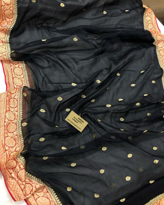 Black Pure Kadhwa Chiffon Banarasi Saree