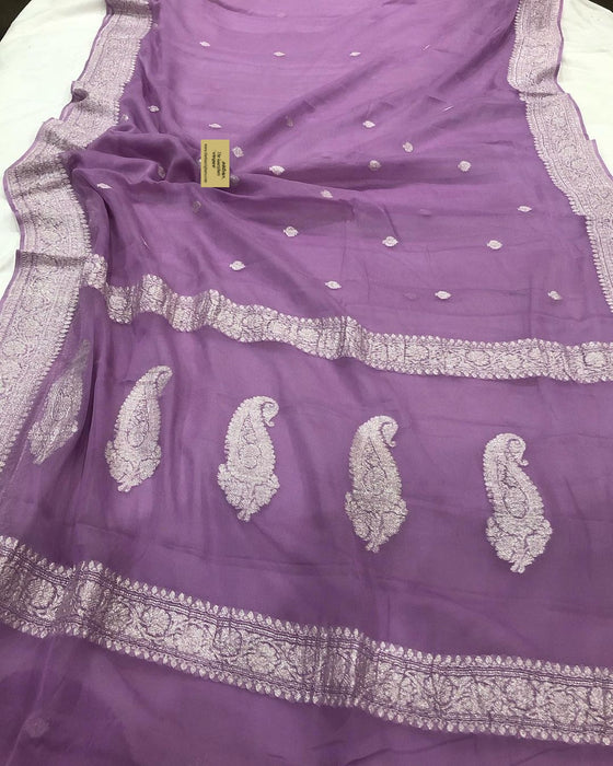 Pastel Lavender Pure Kadhwa Georgette Chiffon Banarasi Saree