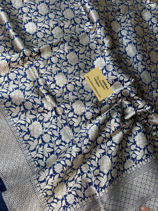 Midnight Pure Katan Silk Banarasi Handloom Saree - Floral Jaal work