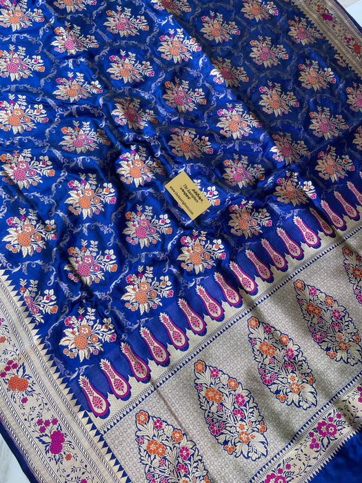 Royal Blue Pure Katan Silk Banarasi Handloom Saree - Kadhua Jaal work