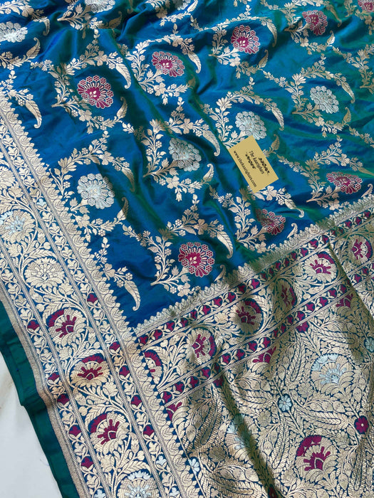 Blue Pure Katan Silk Banarasi Handloom Saree - Sona Roopa Jaal work