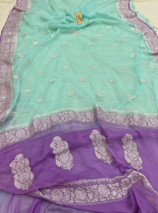 Light Blue Pure Kadhwa Chiffon Georgette Banarasi Saree
