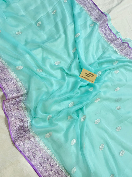 Light Blue Pure Kadhwa Chiffon Georgette Banarasi Saree