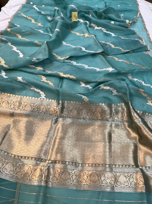 Persian Blue Pink Pure Kora Banarasi Handloom Saree