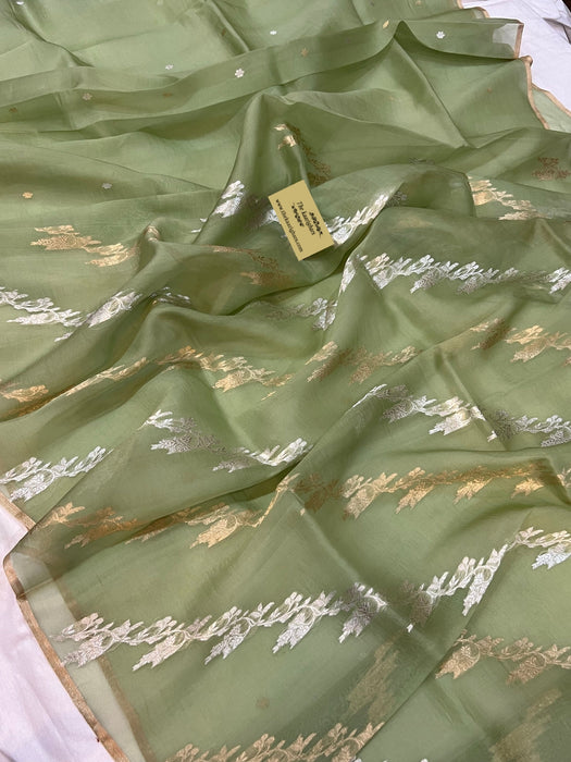Pista Pure Kora Banarasi Handloom Saree