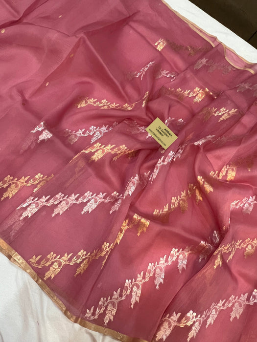 Spanish Pink Pure Kora Banarasi Handloom Saree