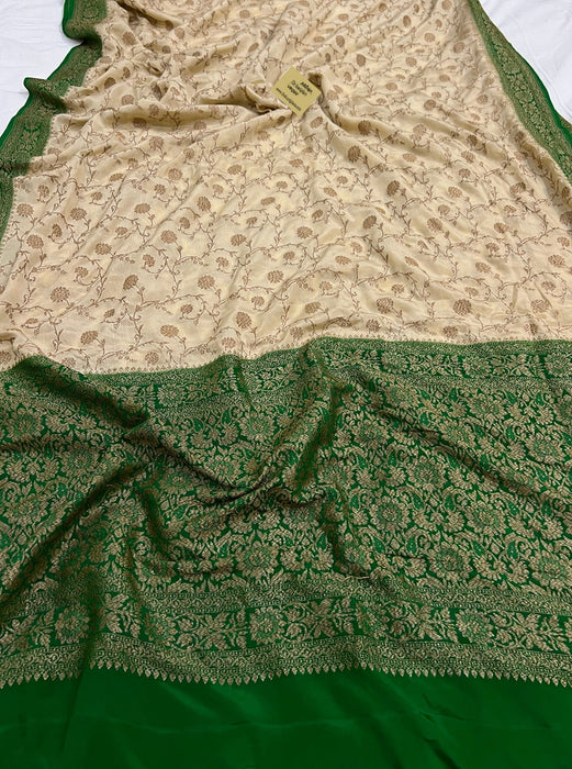 Beige Pure Khaddi Crepe Banarasi Handloom Saree