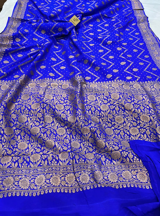 Royal Blue Pure Khaddi Crepe Banarasi Handloom Saree