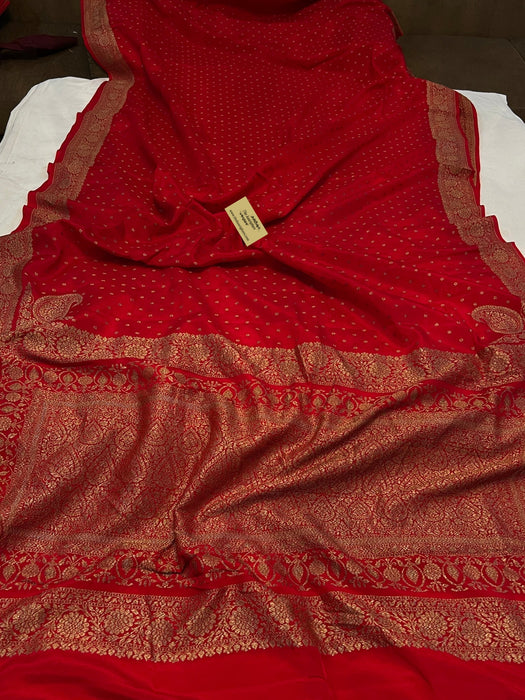 Red Pure Khaddi Crepe Banarasi Handloom Saree