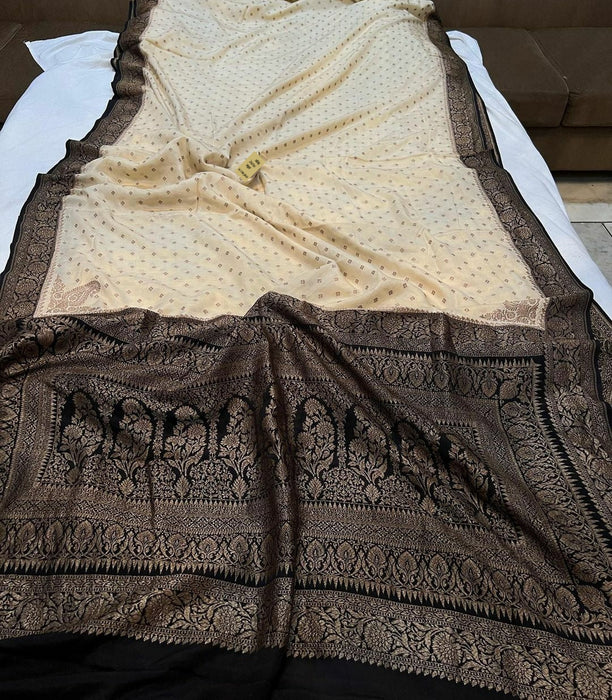 Cream Pure Khaddi Crepe Banarasi Handloom Saree