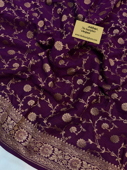 Dark Purple Pure Khaddi Crepe Banarasi Handloom Saree