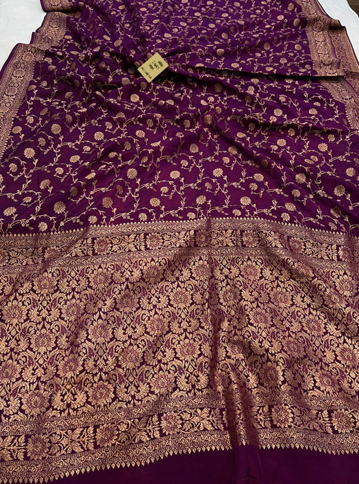 Dark Purple Pure Khaddi Crepe Banarasi Handloom Saree