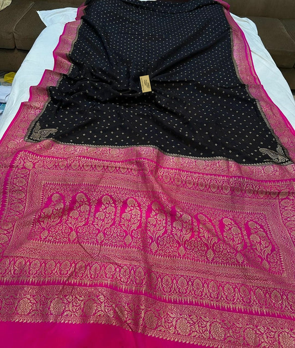Black Pure Khaddi Crepe Banarasi Handloom Saree