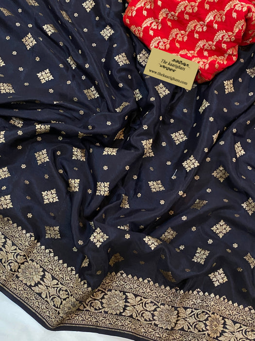 Black Pure Khaddi Crepe Banarasi Handloom Saree