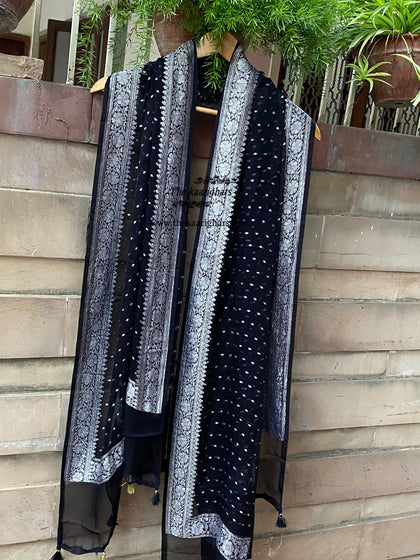 Black Pure Chiffon Banarasi Handloom Dupatta - Silver Zari