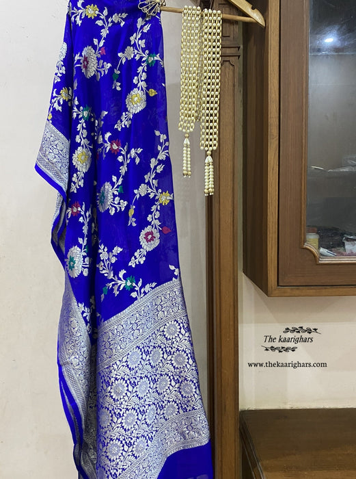 Blue Pure Chiffon Banarasi Handloom Dupatta - Water Zari
