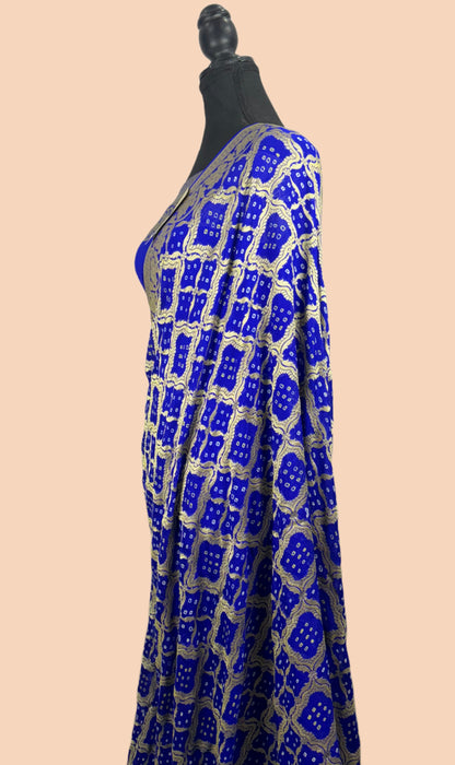 French Blue Pure Khaddi Georgette Bandhani Banarasi Saree