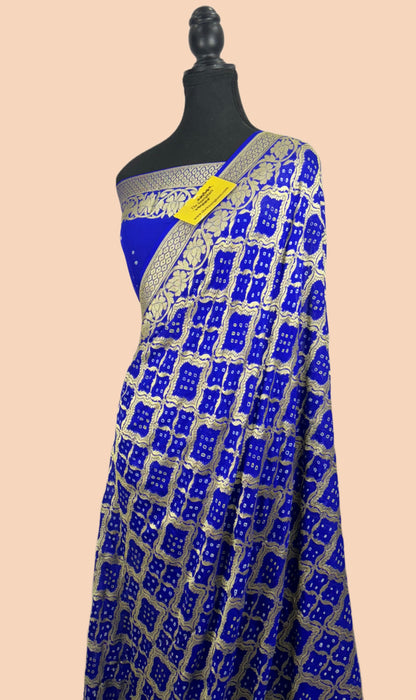 French Blue Pure Khaddi Georgette Bandhani Banarasi Saree