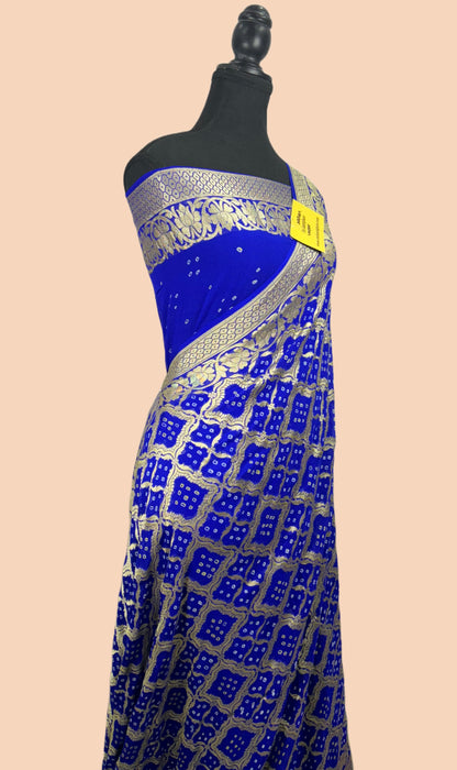 French Blue Pure Khaddi Georgette Bandhani Banarasi Saree