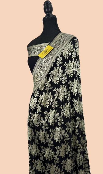 Black Pure Khaddi Georgette Banarasi Saree -  Water Zari