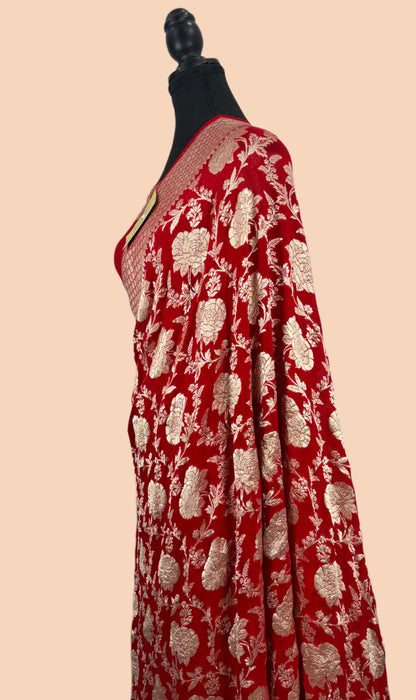 Red Pure Khaddi Georgette Banarasi Saree - Water Zari