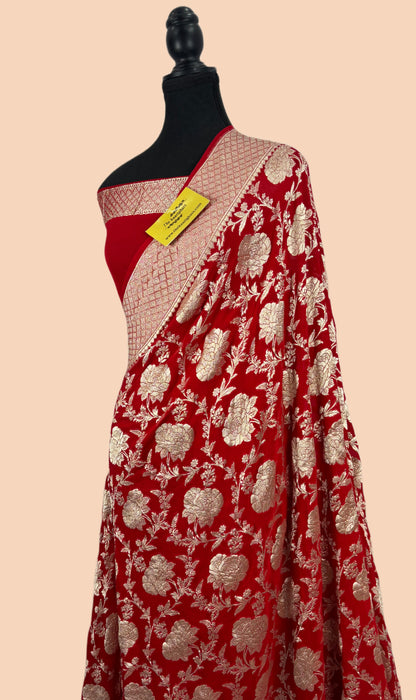 Red Pure Khaddi Georgette Banarasi Saree - Water Zari