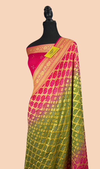 Alia Bhatt Bandhani Pure Khaddi Georgette Banarasi Saree - Bandhani