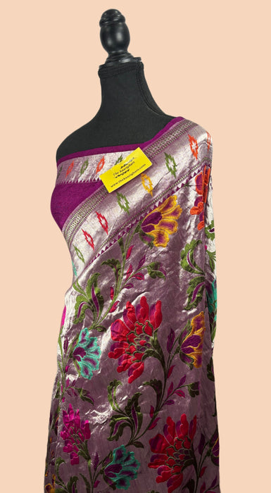 Magenta Pure Tussar Georgette Banarasi Handloom Saree - Meenakari Work