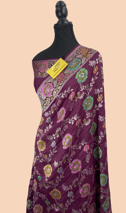 Magenta Pure Tussar Georgette Banarasi Handloom Saree - Meenakari Work