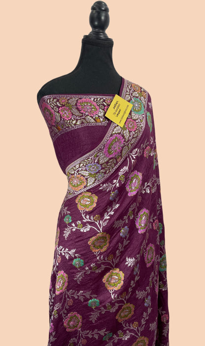 Magenta Pure Tussar Georgette Banarasi Handloom Saree - Meenakari Work