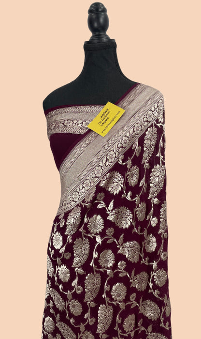 Dark Maroon Georgette Banarasi Saree - Water Zari