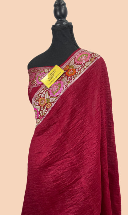 Rich Maroon Pure Tussar Georgette Banarasi Handloom Saree - Meenakari Work