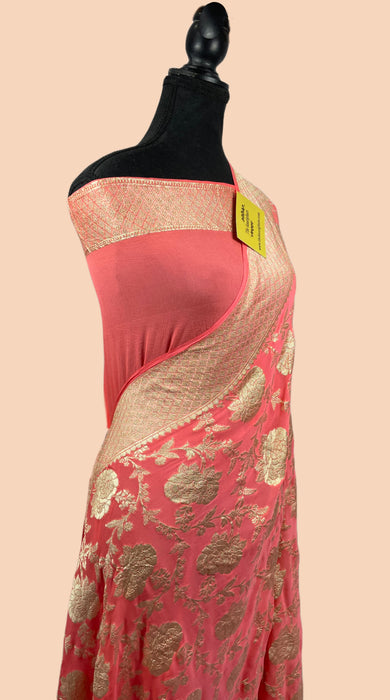 Indian Red Pure Khaddi Georgette Banarasi Saree - Water Zari