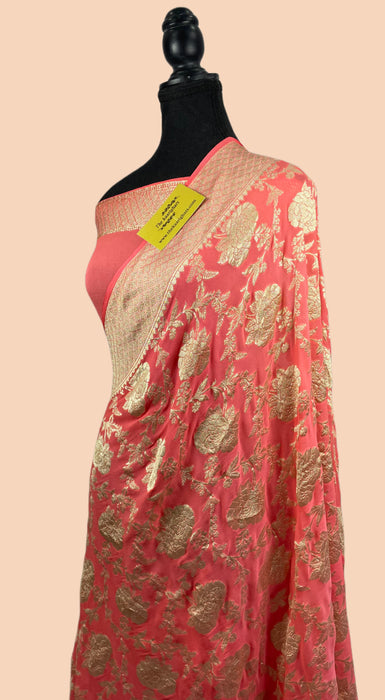 Indian Red Pure Khaddi Georgette Banarasi Saree - Water Zari