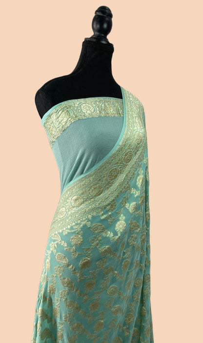 Glacier Pure Khaddi Georgette Banarasi Saree - Water Zari