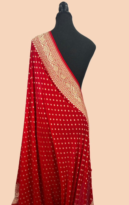 Red Pure Khaddi Georgette Banarasi Handloom Dupatta - Water Zari