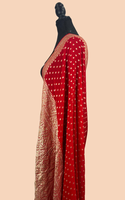 Red Pure Khaddi Georgette Banarasi Handloom Dupatta - Water Zari
