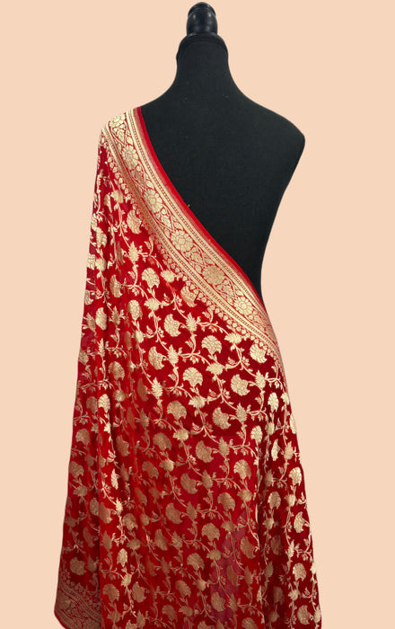 Red Pure Khaddi Georgette Banarasi Handloom Dupatta - Water Zari